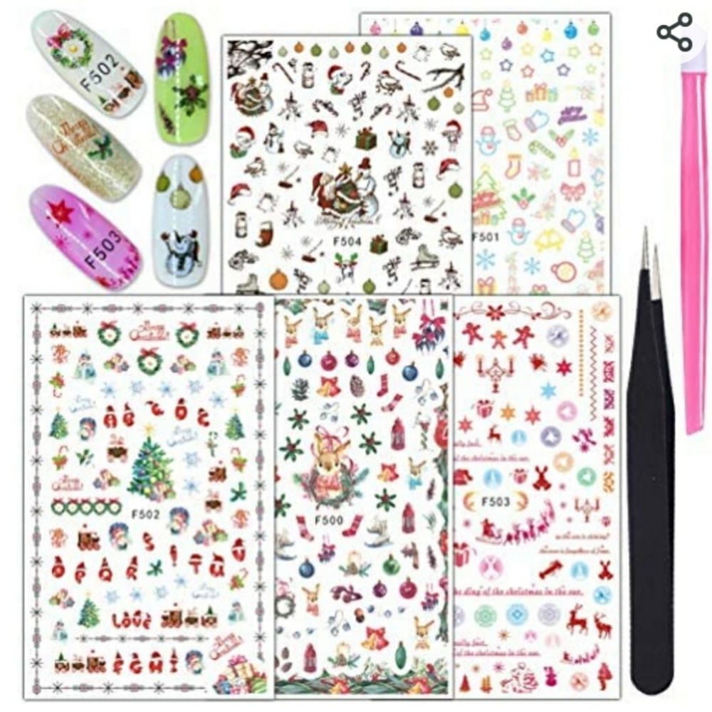 Christmas Nail Decals Art Sticker, KINGMAS 5 Sheet Self-Adhesive DIY 